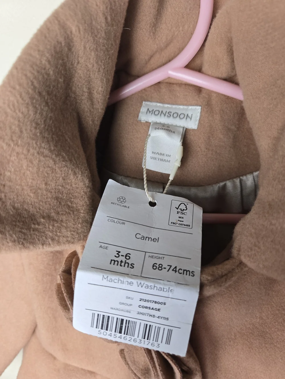 Monsoon Baby Corsage Hooded Swing Coat Camel Size 3 To 6 Months